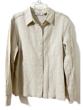Vintage Units Petite Linen Button-Down Shirt Beige Oatmeal Long Sleeve Classic